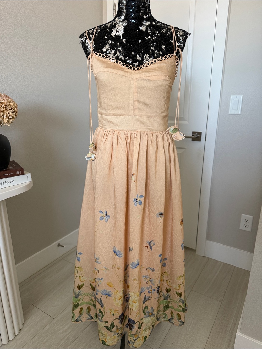 En Saison Blush Peach Floral Midi Dress with Spaghetti Straps